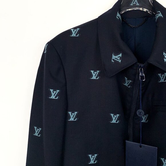Louis Vuitton Dark Blue Logo Jacquard Wool-Cotton Jacket XS Size W/ Zipper & Lap - Picture 3 of 8